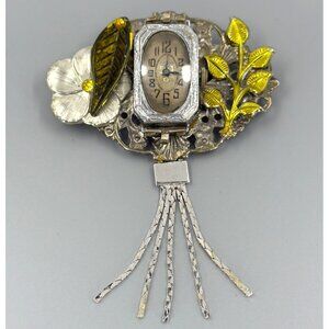 Vtg Steampunk Silver Tone Brooch Watch Floral Tassel Hand Crafted Artisan Pin